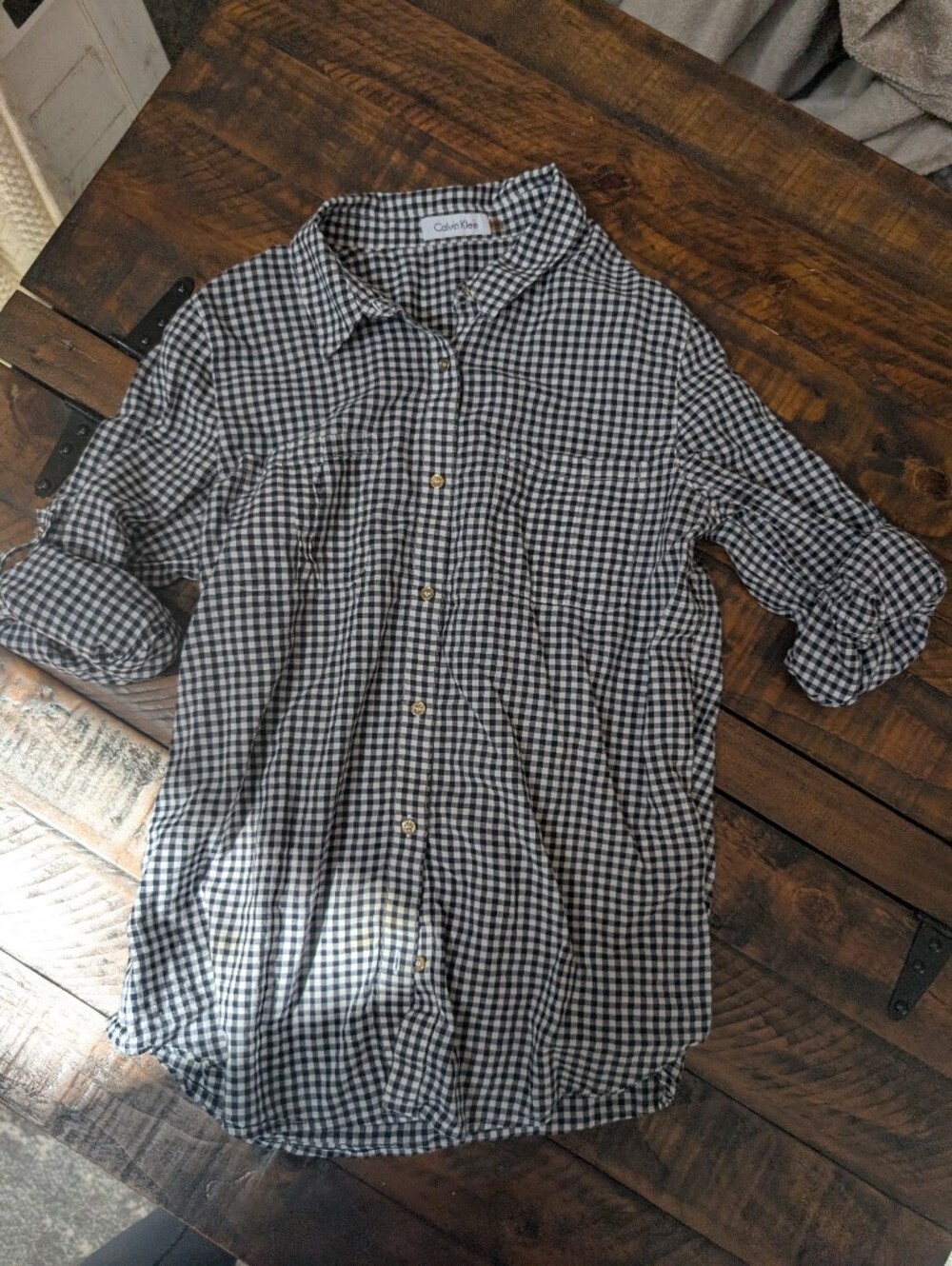 Calvin Klein Women's Black and White Check Button-Up Shirt